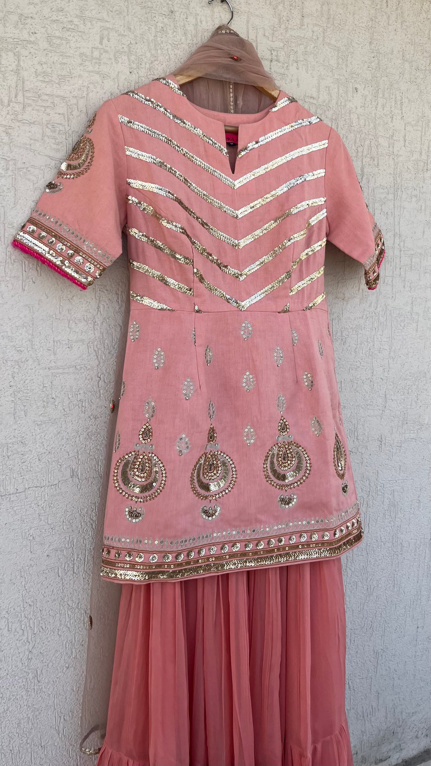 PEACH KURTA GHARARA AND DUPATTA SET