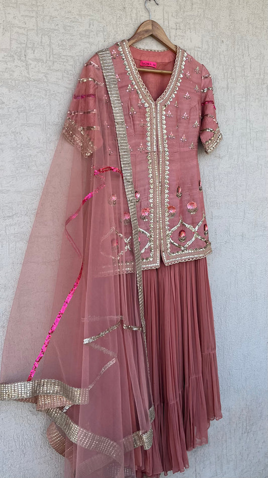 PEACH JACKET GHARARA AND DUPATTA SET