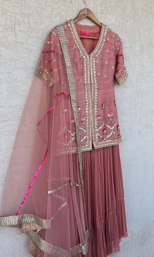 PEACH JACKET GHARARA AND DUPATTA SET