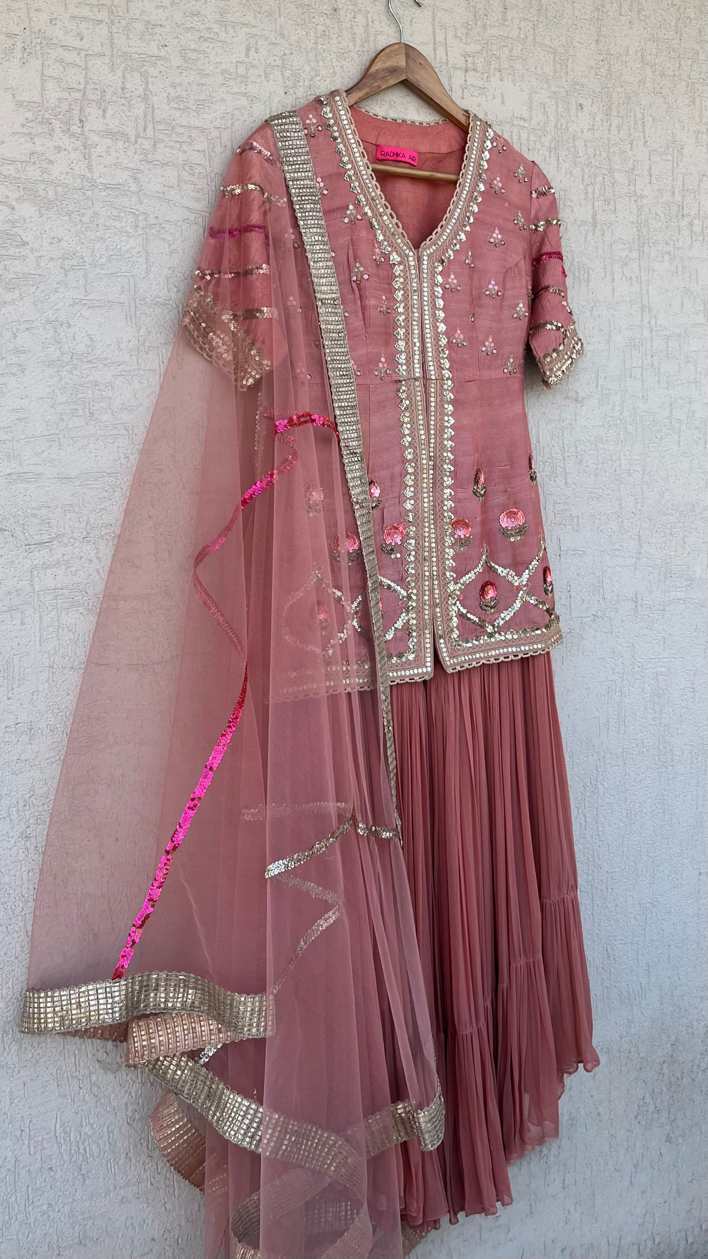 PEACH JACKET GHARARA AND DUPATTA SET