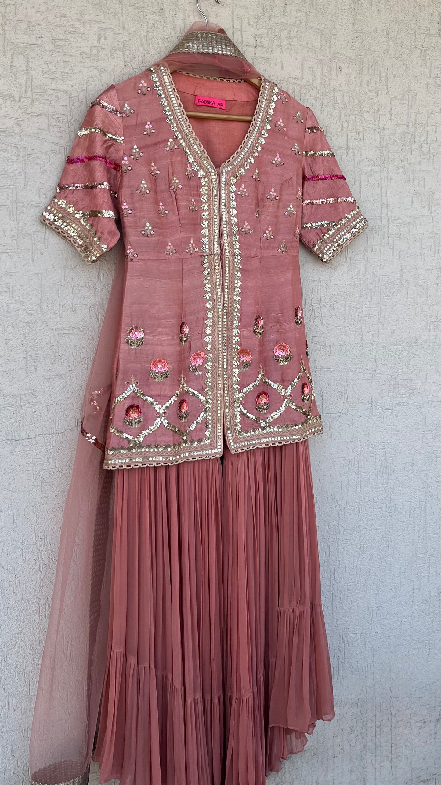 PEACH JACKET GHARARA AND DUPATTA SET