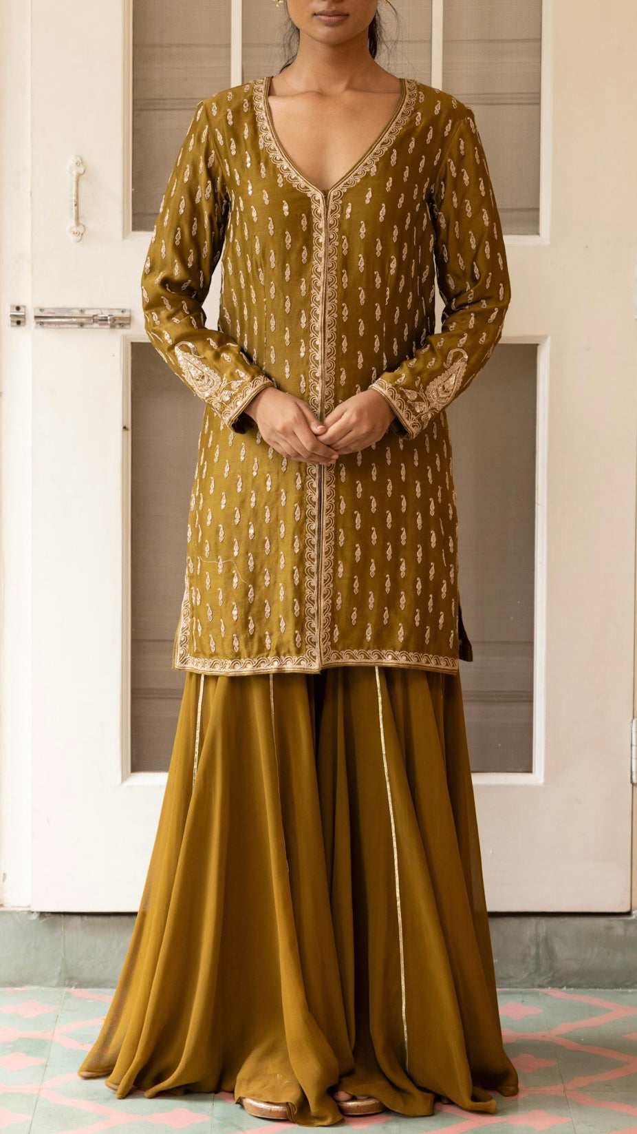 OLIVE JACKET GHARARA & DUPATTA SET