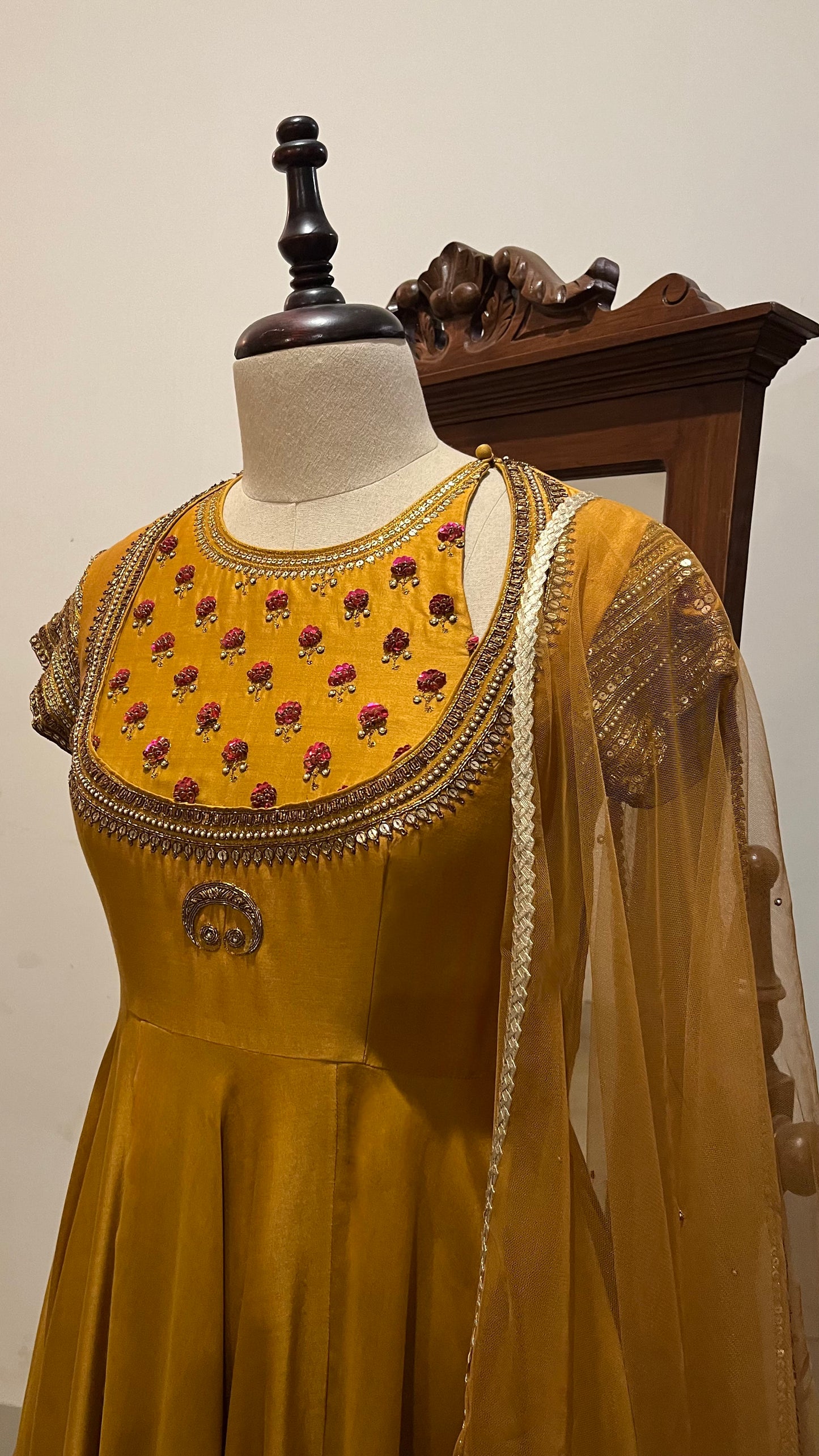 MUSTARD ANARKALI DUPATTA AND CHURIDAAR SET