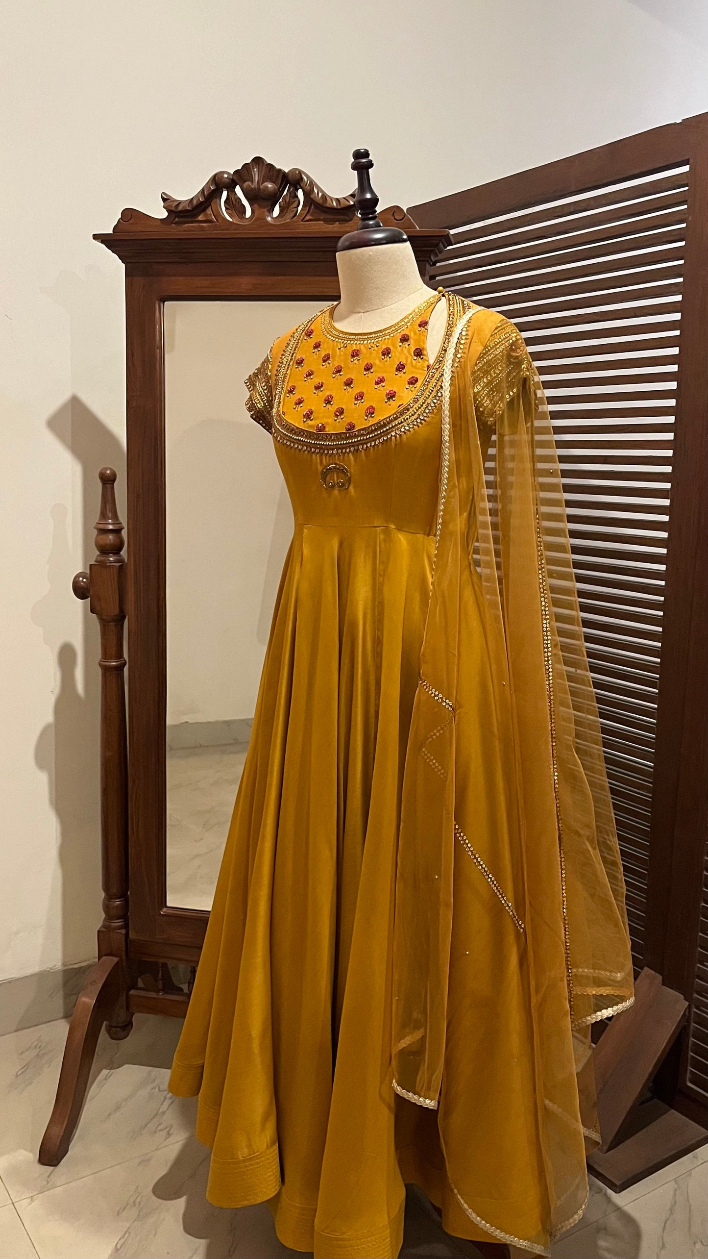 MUSTARD ANARKALI DUPATTA AND CHURIDAAR SET