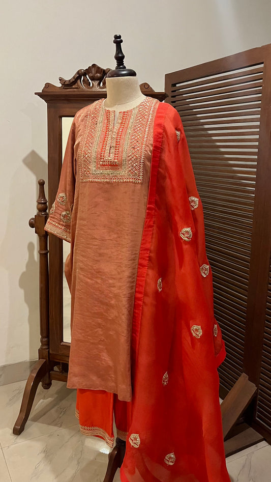 SCARLET SILK TISSUE KURTA SET