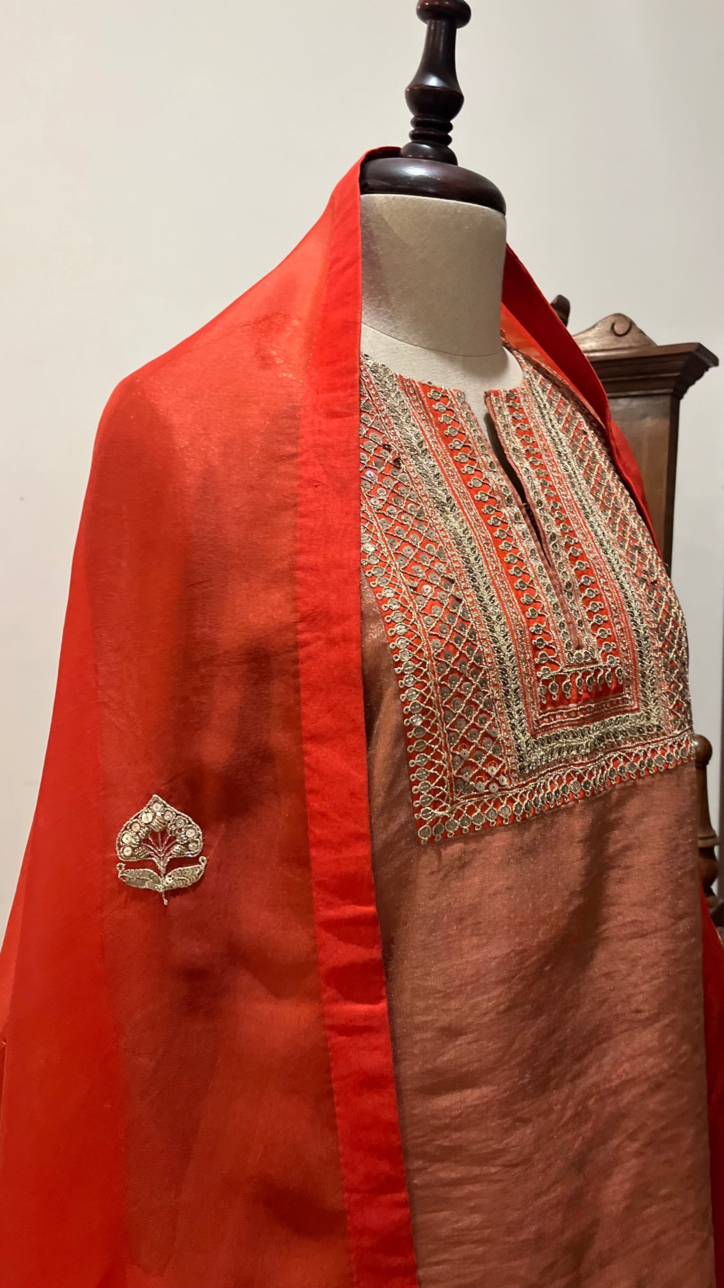 SCARLET SILK TISSUE KURTA SET