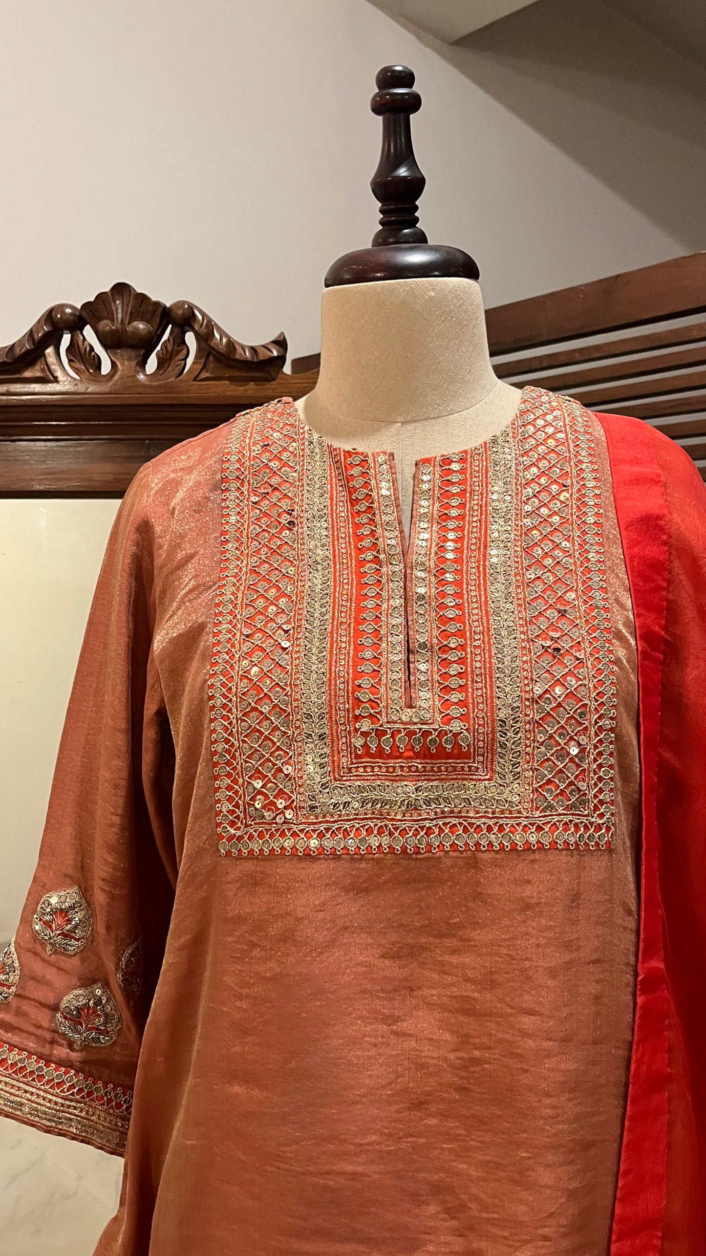 SCARLET SILK TISSUE KURTA SET