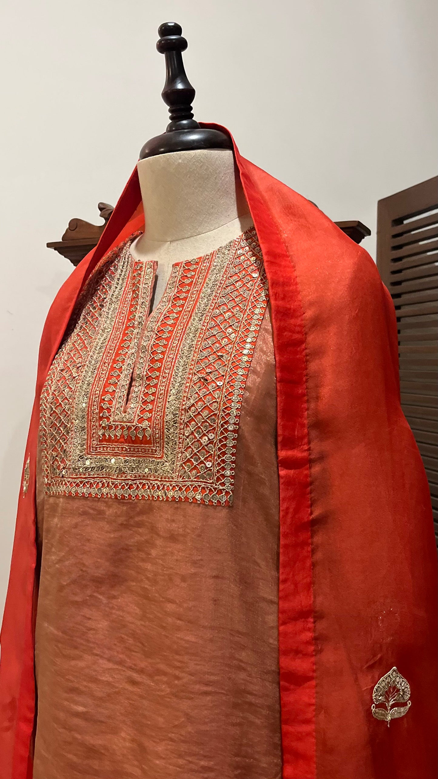 SCARLET SILK TISSUE KURTA SET