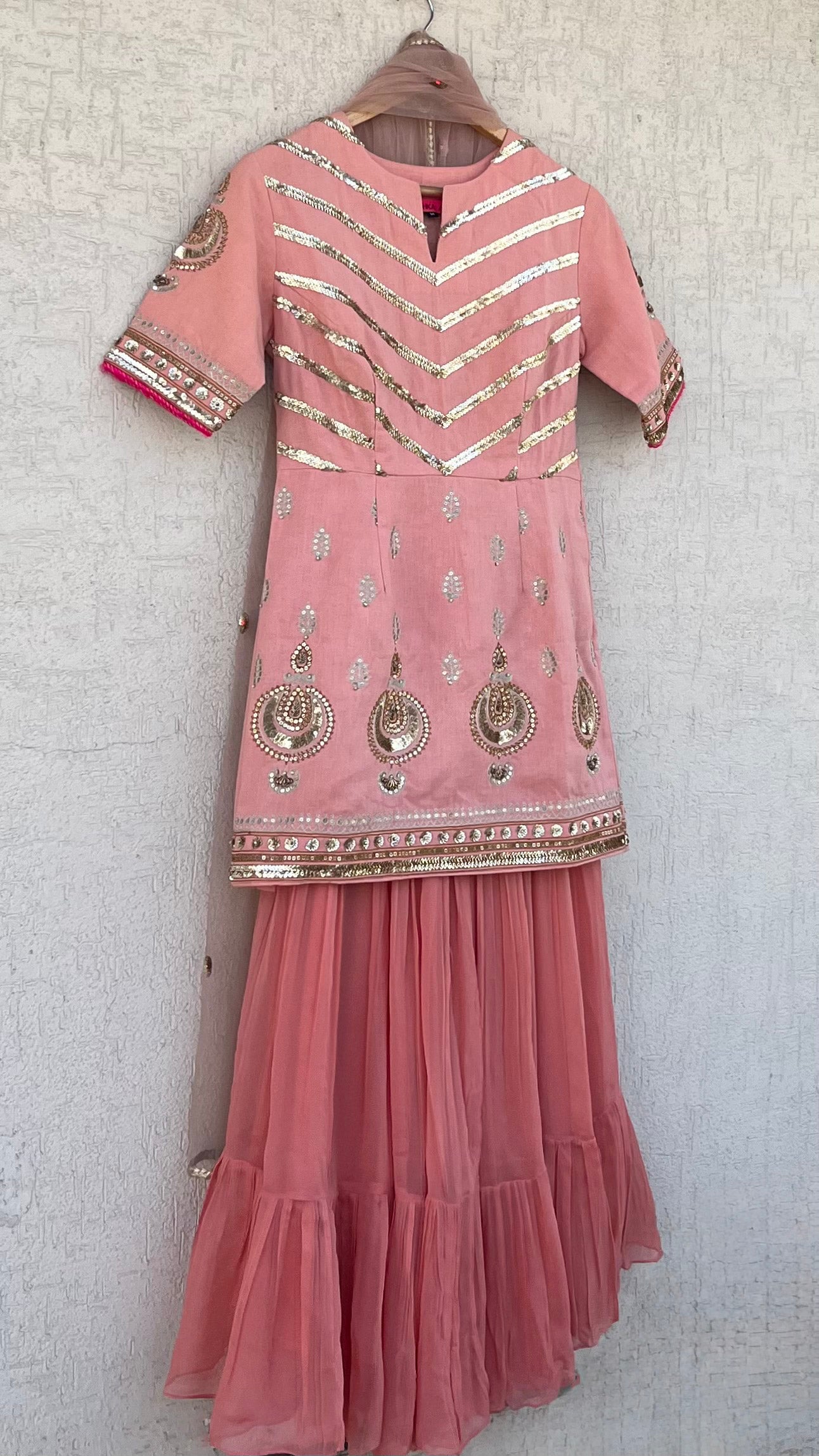 PEACH KURTA GHARARA AND DUPATTA SET