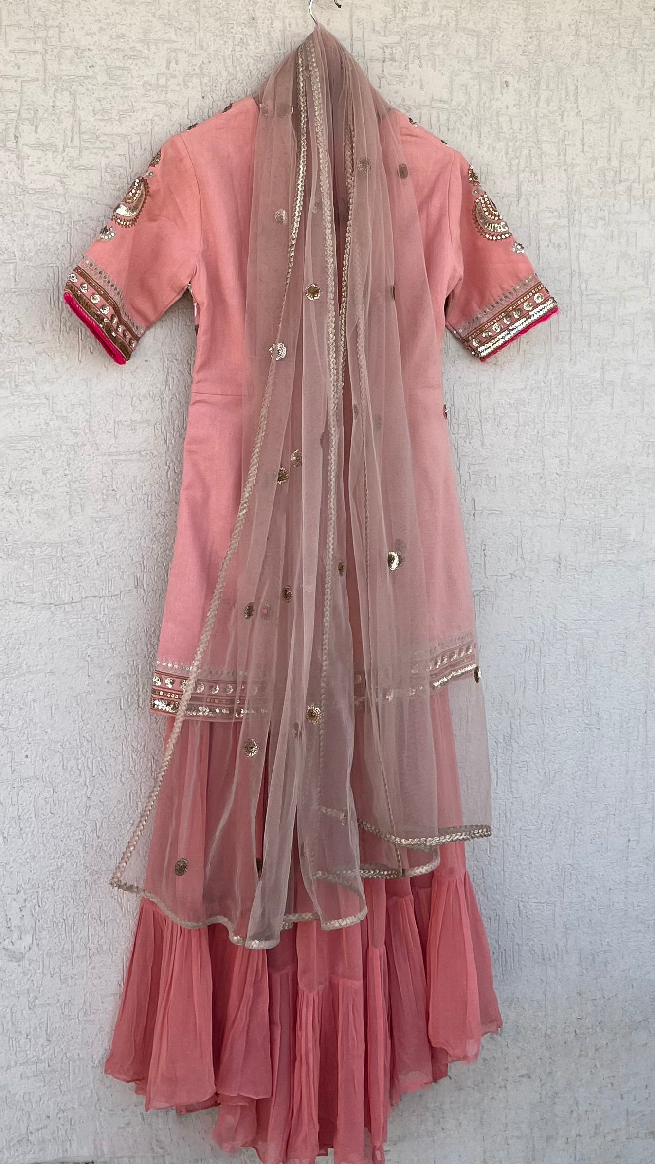 PEACH KURTA GHARARA AND DUPATTA SET