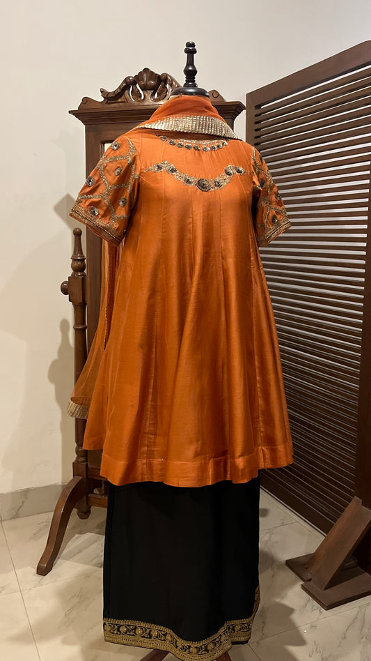 RUST SHORT KURTA PALLAZO AND DUPATTA SET
