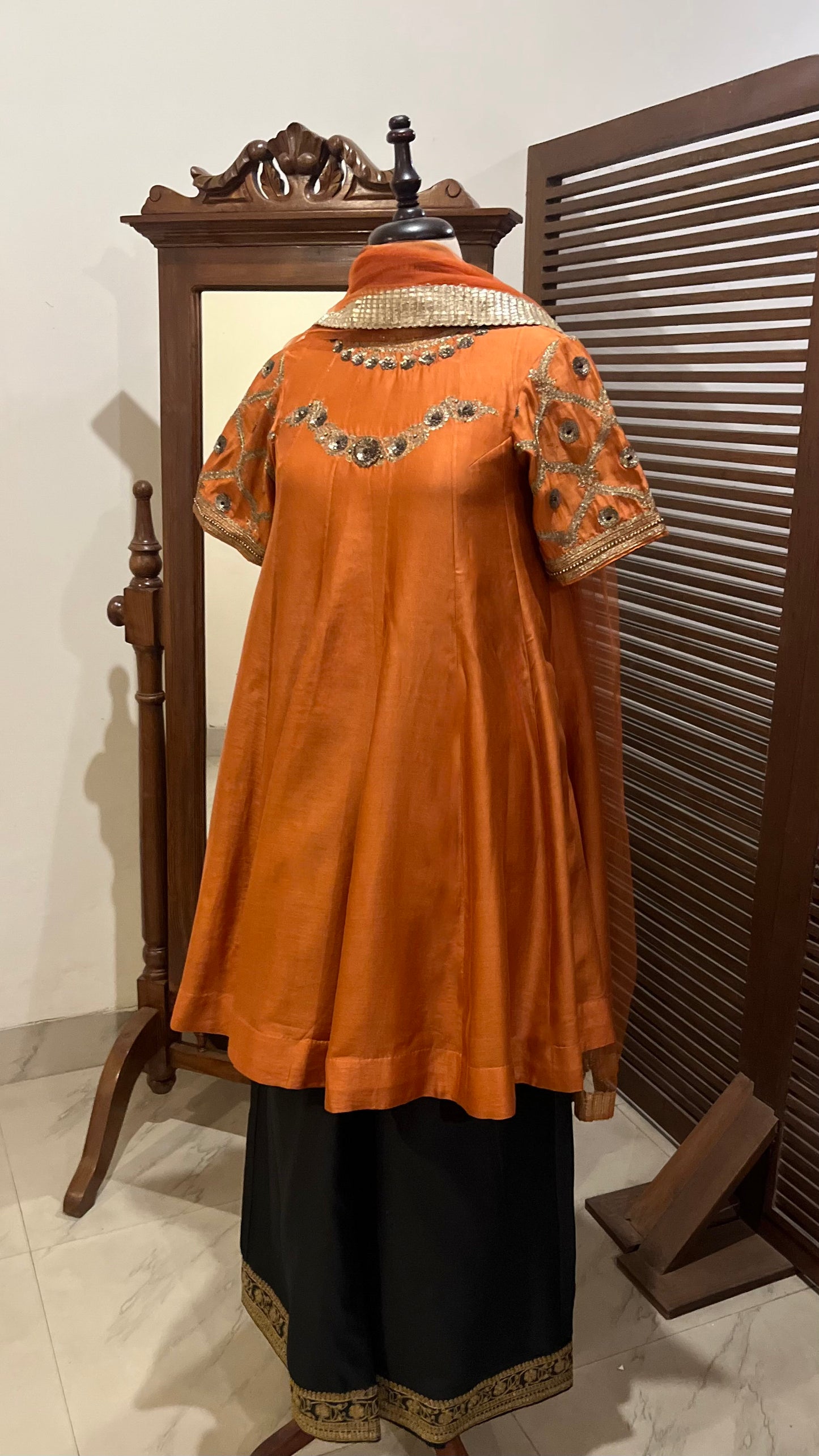 RUST SHORT KURTA PALLAZO AND DUPATTA SET
