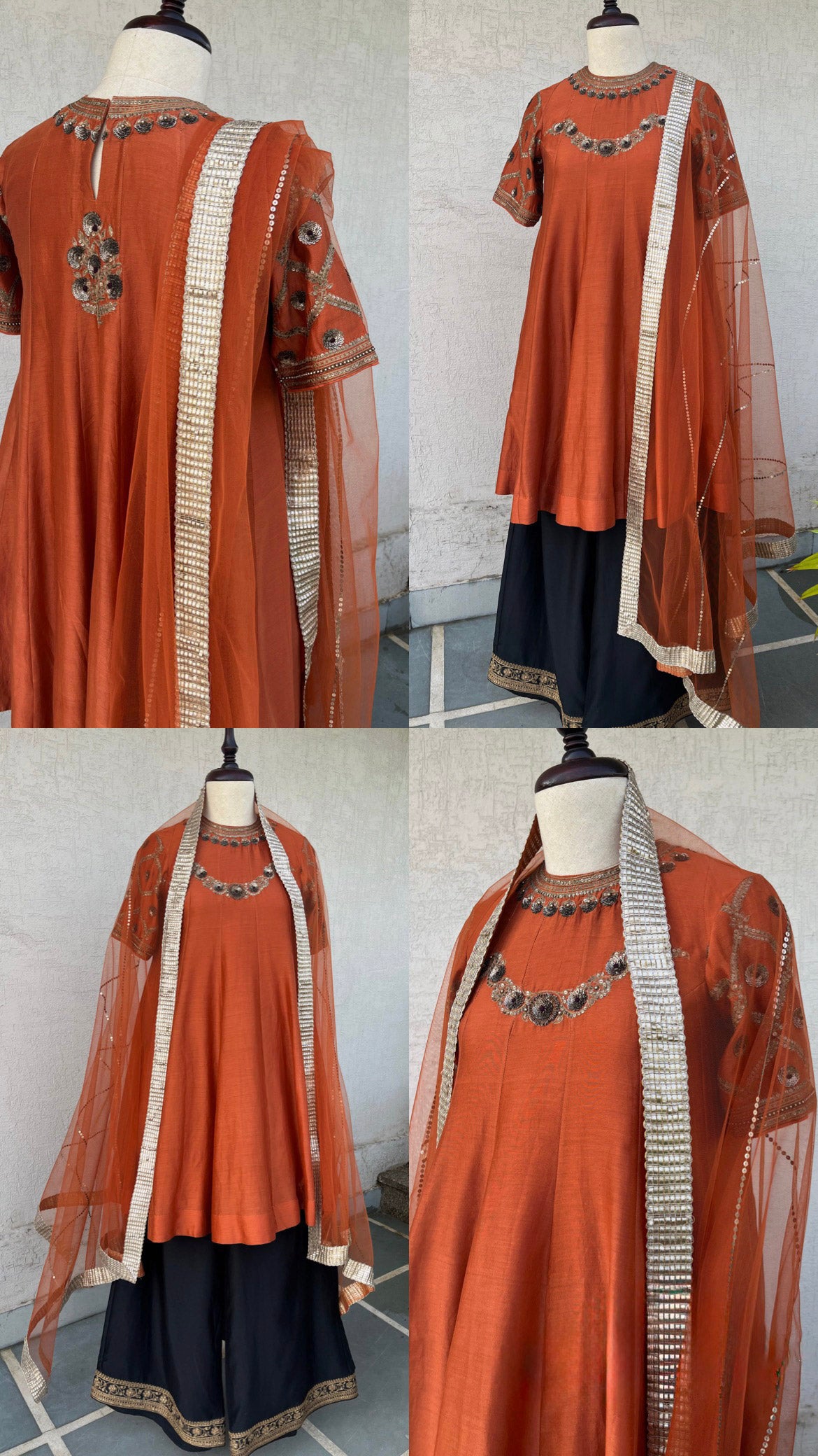RUST SHORT KURTA PALLAZO AND DUPATTA SET