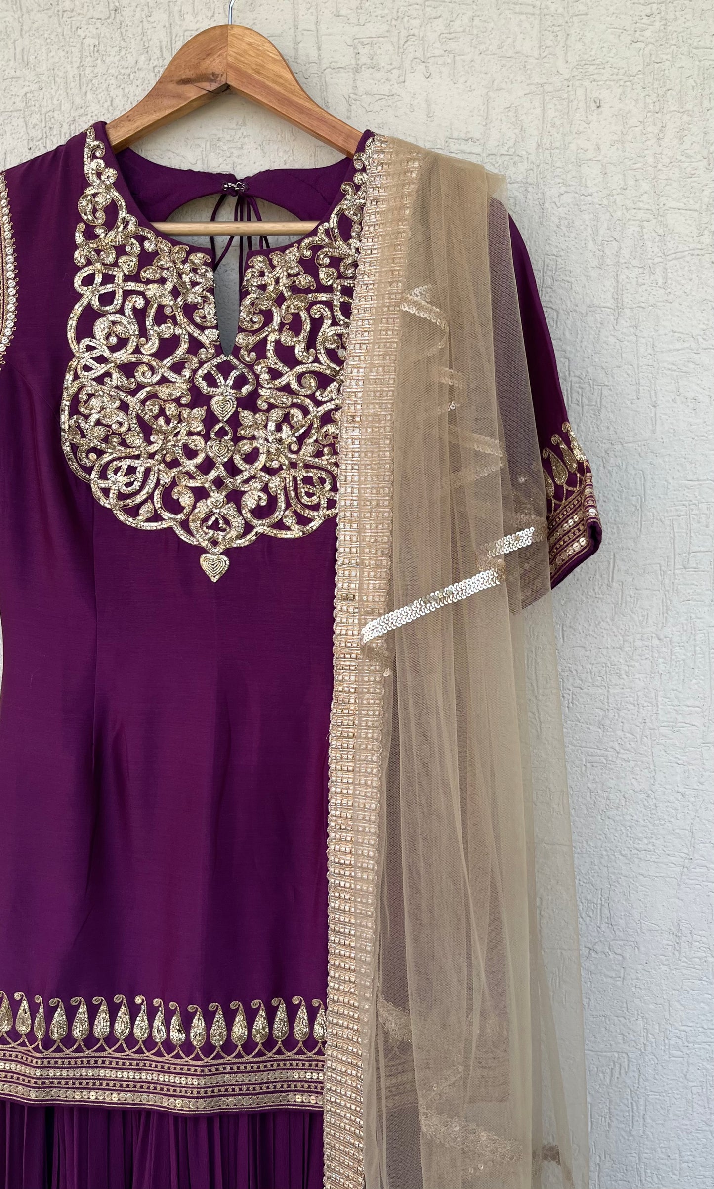 DEEP PURPLE SHORT KURTA GHARARA AND DUPATTA SET